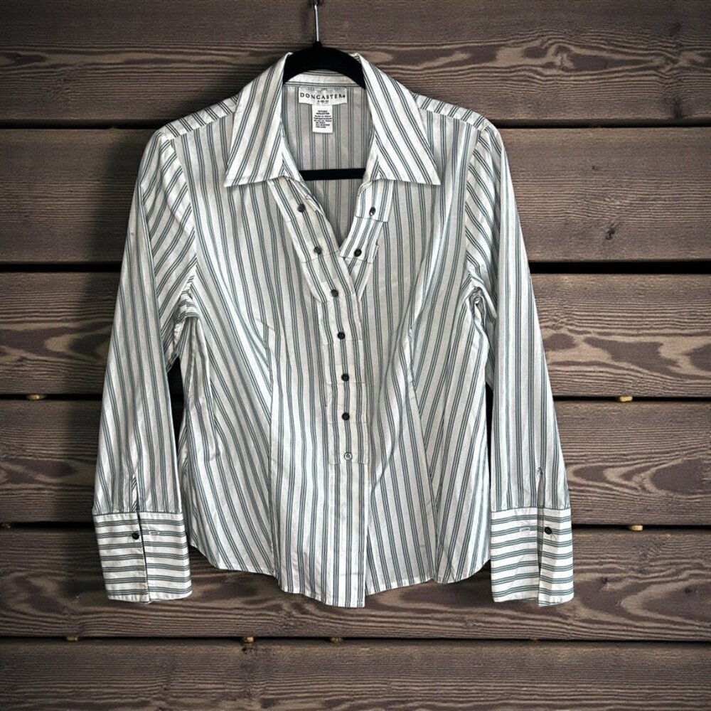 Doncaster Gray White Striped Pleated Placket Silk Blend Blouse Shirt